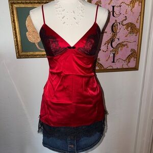 Vintage Y2K Victoria's Secret Red Satin Top with Black Lace